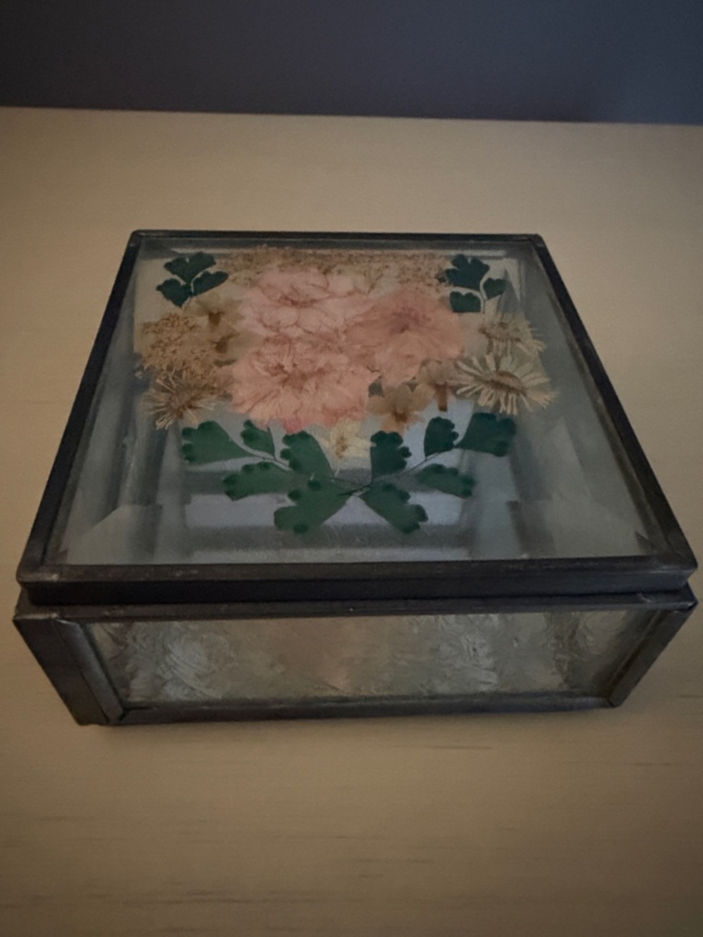 Vintage Wildflower & Co. Glass Keepsake Box with Pressed Flowers